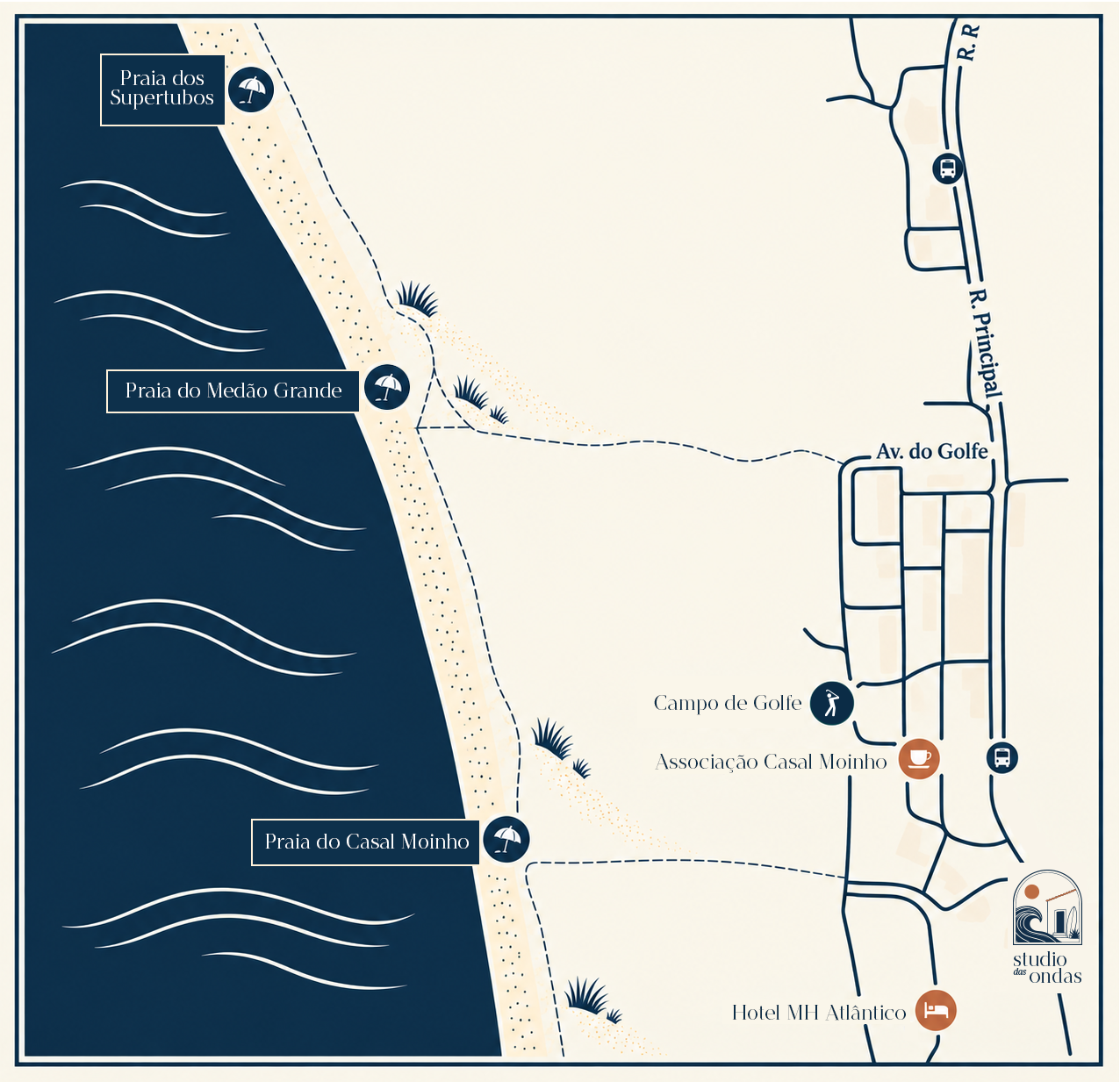 Map showing Studio das Ondas near Praia do Casal Moinho, Praia do Medão Grande, and Praia dos Supertubos